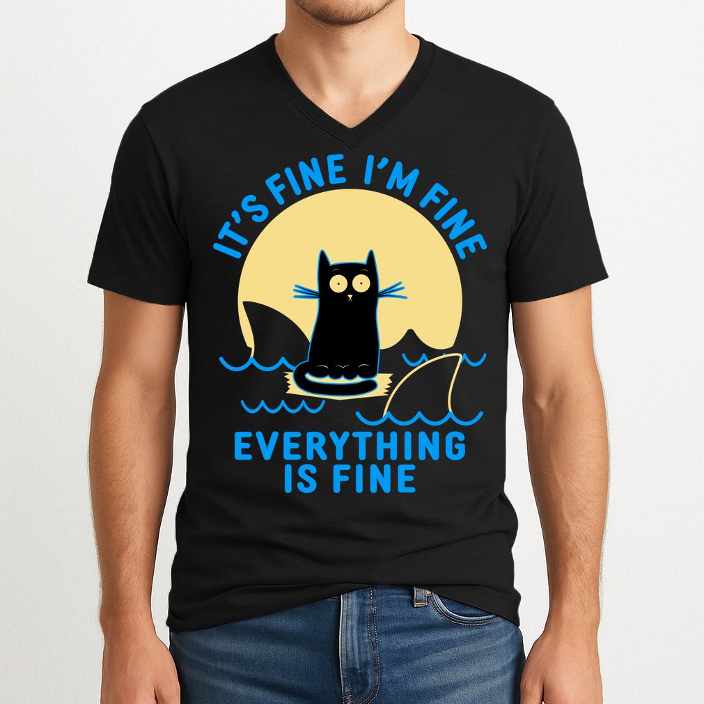 Funny It's Fine I'm Fine Everything Is Fine Shark Cat V-Neck T-Shirt