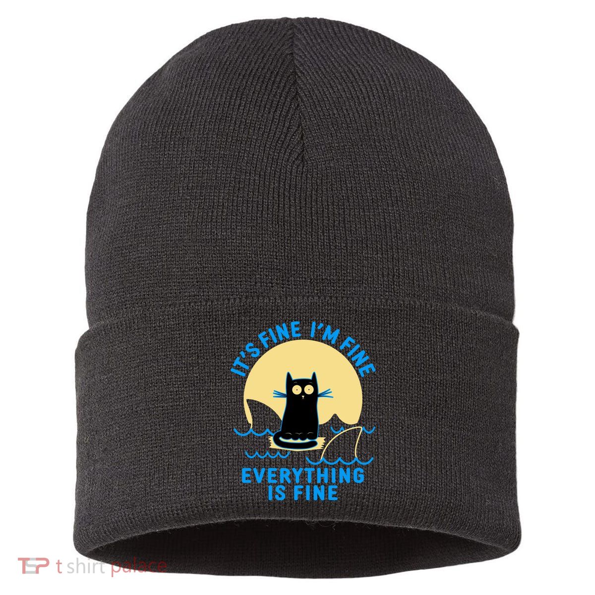 Funny It's Fine I'm Fine Everything Is Fine Shark Cat Sustainable Knit Beanie