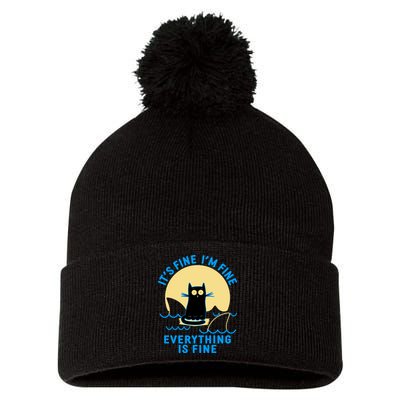Funny It's Fine I'm Fine Everything Is Fine Shark Cat Pom Pom 12in Knit Beanie