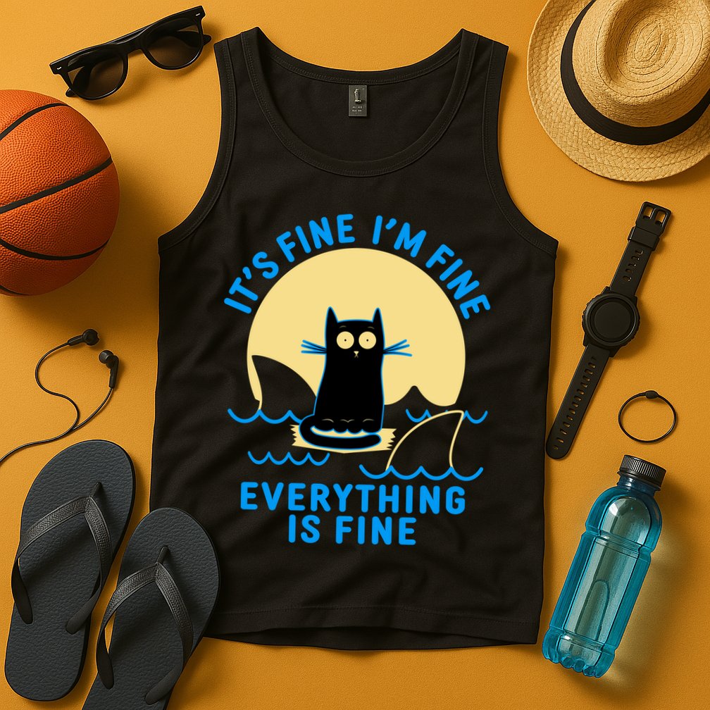 Funny It's Fine I'm Fine Everything Is Fine Shark Cat Tank Top