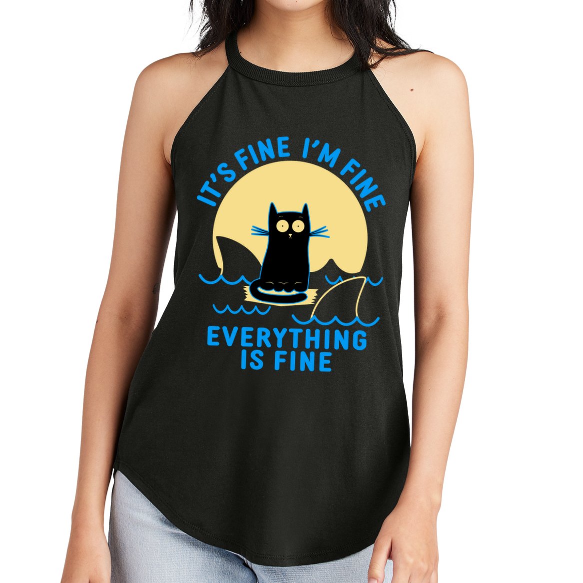 Funny It's Fine I'm Fine Everything Is Fine Shark Cat Women's Perfect Tri Rocker Tank