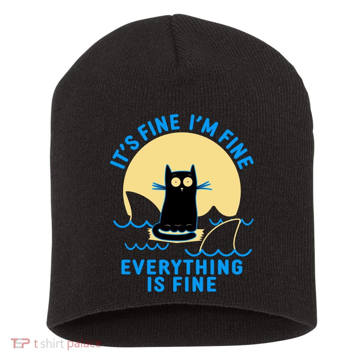 Funny It's Fine I'm Fine Everything Is Fine Shark Cat Short Acrylic Beanie