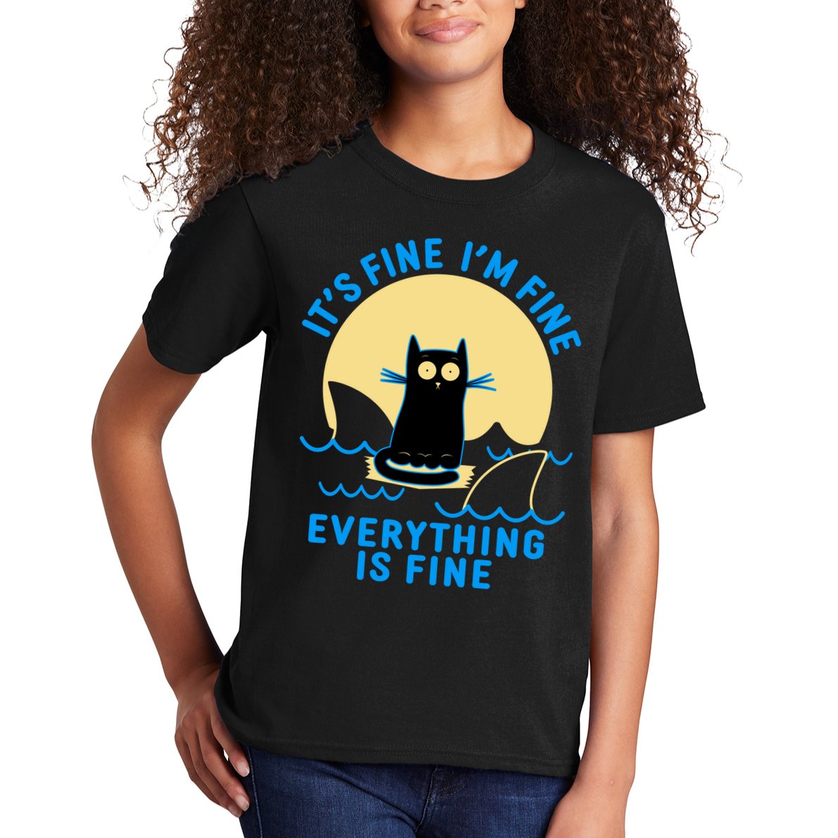 Funny It's Fine I'm Fine Everything Is Fine Shark Cat Kids T-Shirt