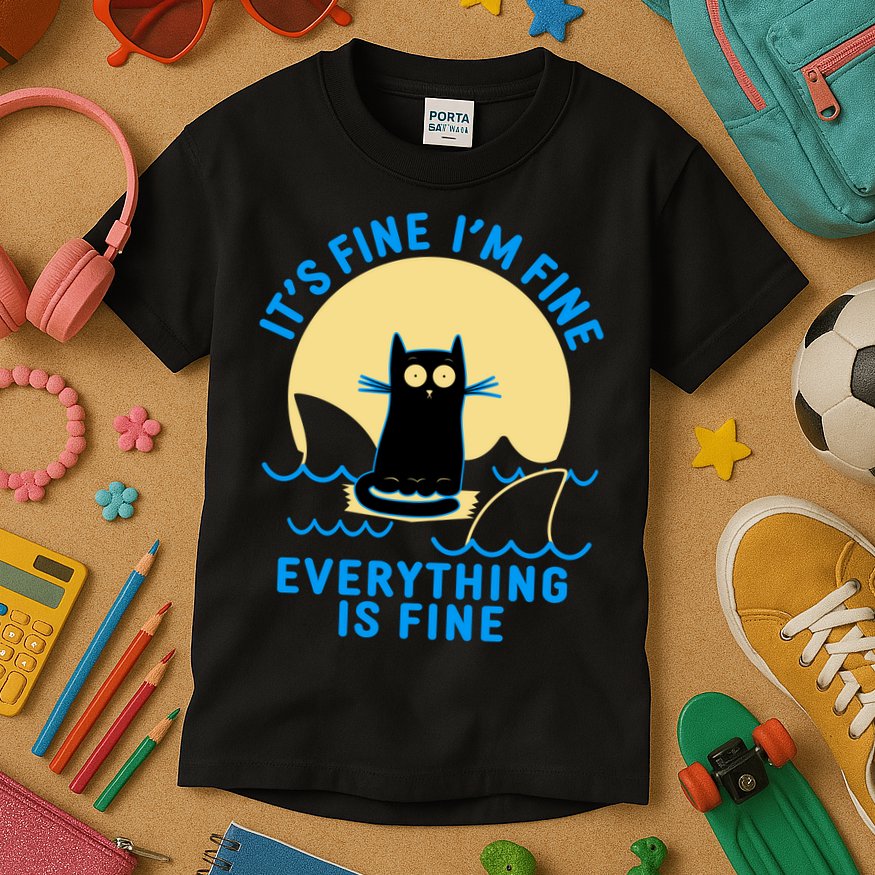 Funny It's Fine I'm Fine Everything Is Fine Shark Cat Kids T-Shirt