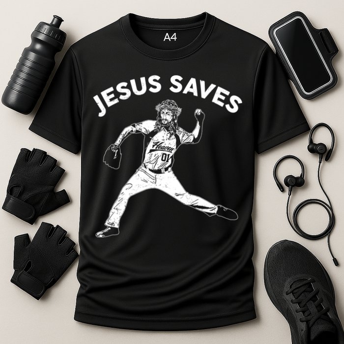 Funny Jesus Saves Baseball Cooling Performance Crew T-Shirt