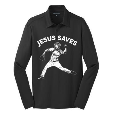 Funny Jesus Saves Baseball Silk Touch Performance Long Sleeve Polo