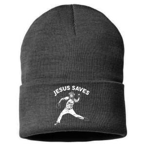 Funny Jesus Saves Baseball Sustainable Knit Beanie