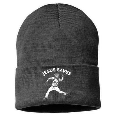 Funny Jesus Saves Baseball Sustainable Knit Beanie