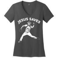 Funny Jesus Saves Baseball Women's V-Neck T-Shirt