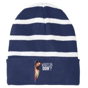 Funny Jesus Whatcha Doin' Striped Beanie with Solid Band