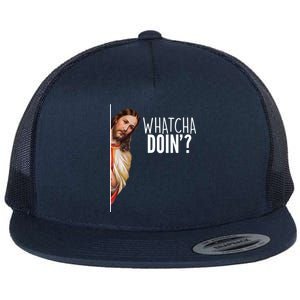 Funny Jesus Whatcha Doin' Flat Bill Trucker Hat