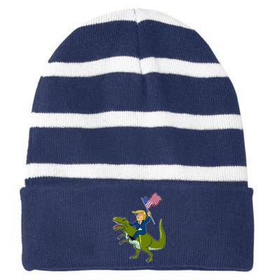 Funny July 4th Donald Trump T-Rex Striped Beanie with Solid Band