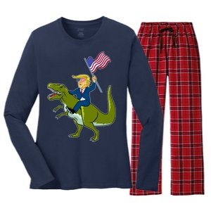 Funny July 4th Donald Trump T-Rex Women's Long Sleeve Flannel Pajama Set 