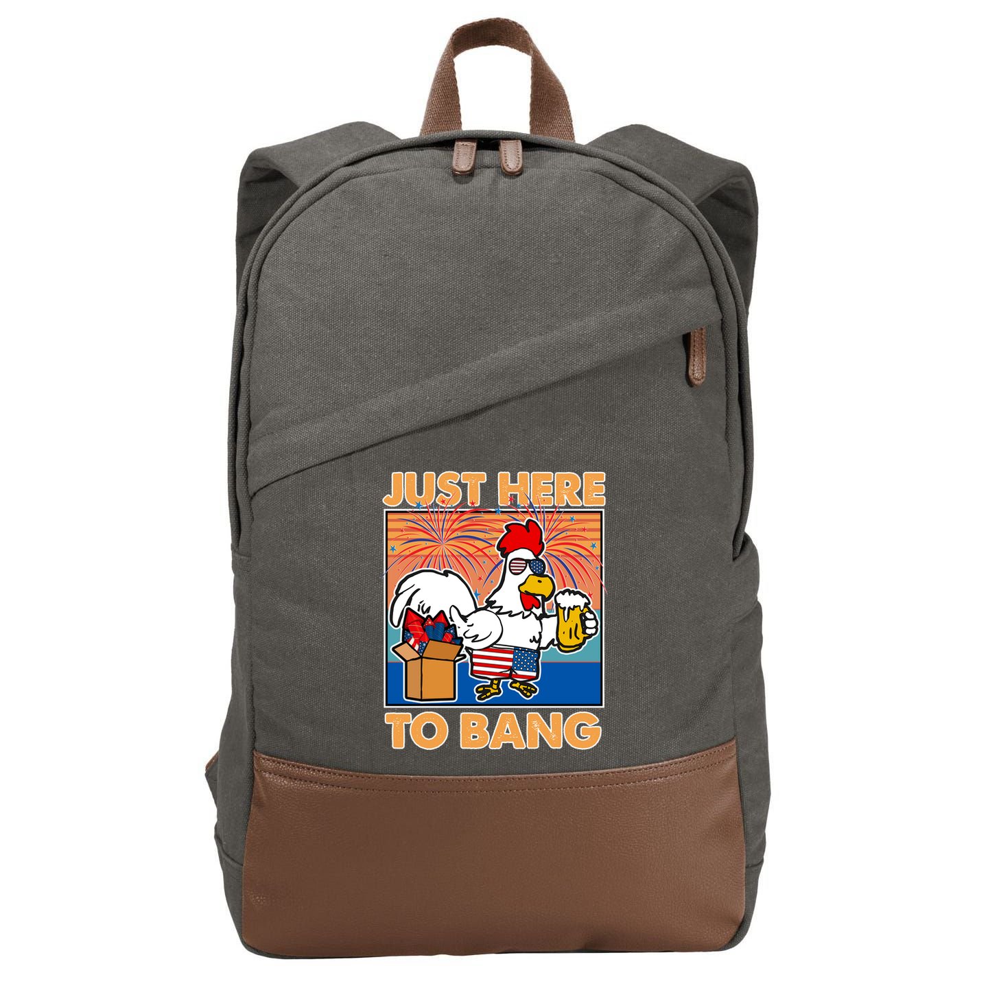 Funny Just Here To Bang Fireworks Beer Chicken Cotton Canvas Backpack