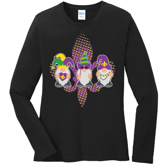 Funny Mardi Gras Gnomes Ladies Long Sleeve Shirt