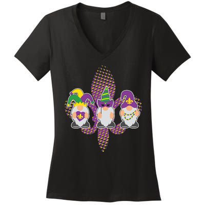 Funny Mardi Gras Gnomes Women's V-Neck T-Shirt