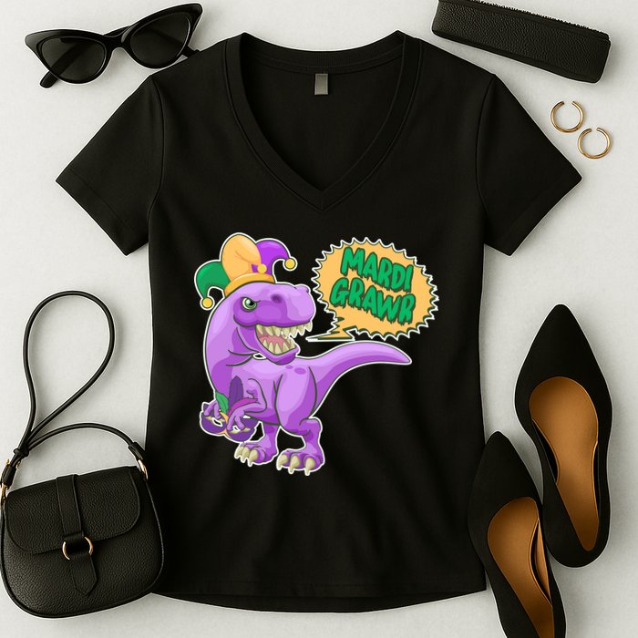 Funny Mardi Grawr T-Rex Dinosaur Women's V-Neck T-Shirt