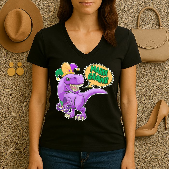 Funny Mardi Grawr T-Rex Dinosaur Women's V-Neck T-Shirt