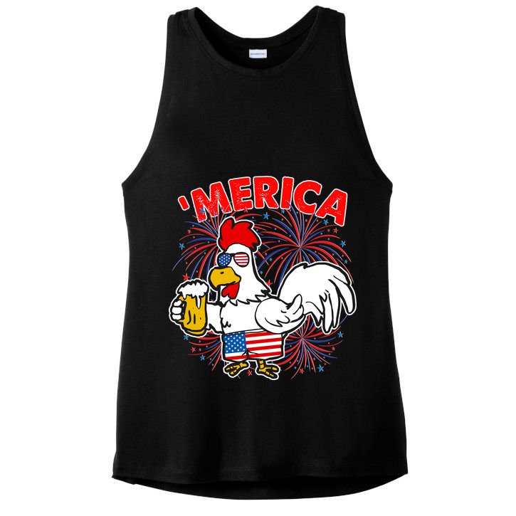 Funny Merica USA Rooster With Beer Ladies PosiCharge Tri-Blend Wicking Tank