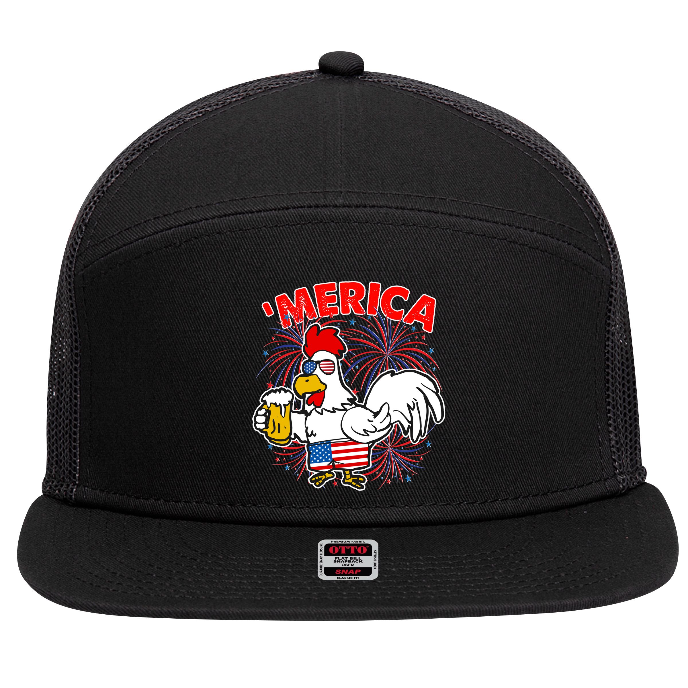 Funny Merica USA Rooster With Beer 7 Panel Mesh Trucker Snapback Hat
