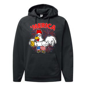 Funny Merica USA Rooster With Beer Performance Fleece Hoodie