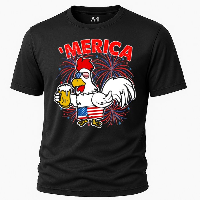 Funny Merica USA Rooster With Beer Cooling Performance Crew T-Shirt