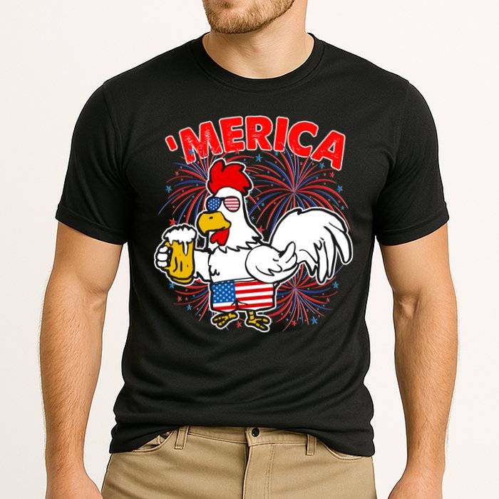 Funny Merica USA Rooster With Beer Cooling Performance Crew T-Shirt