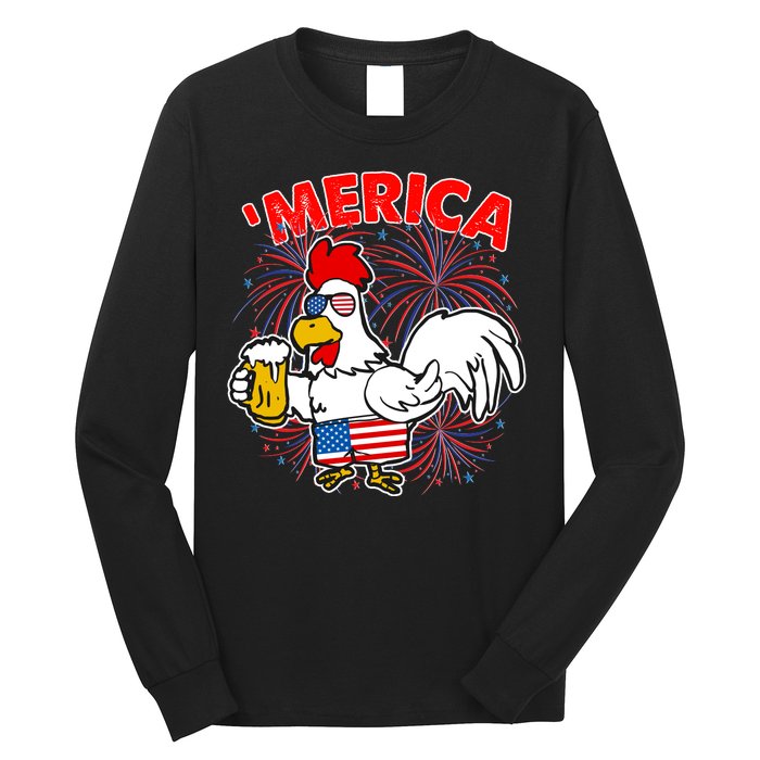 Funny Merica USA Rooster With Beer Long Sleeve Shirt