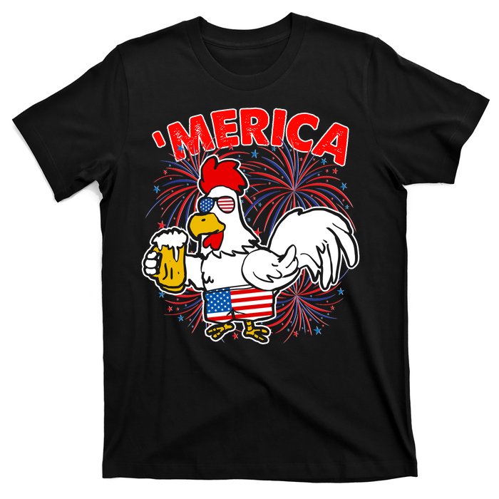 Funny Merica USA Rooster With Beer T-Shirt