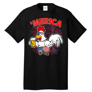 Funny Merica USA Rooster With Beer Tall T-Shirt