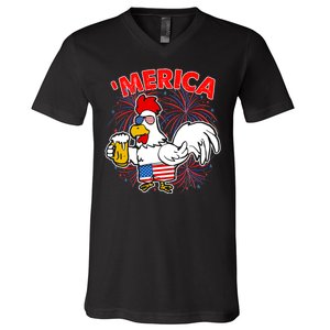 Funny Merica USA Rooster With Beer V-Neck T-Shirt