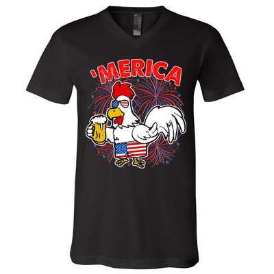 Funny Merica USA Rooster With Beer V-Neck T-Shirt
