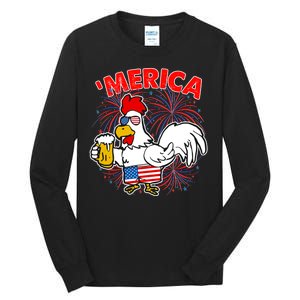 Funny Merica USA Rooster With Beer Tall Long Sleeve T-Shirt