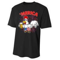 Funny Merica USA Rooster With Beer Performance Sprint T-Shirt