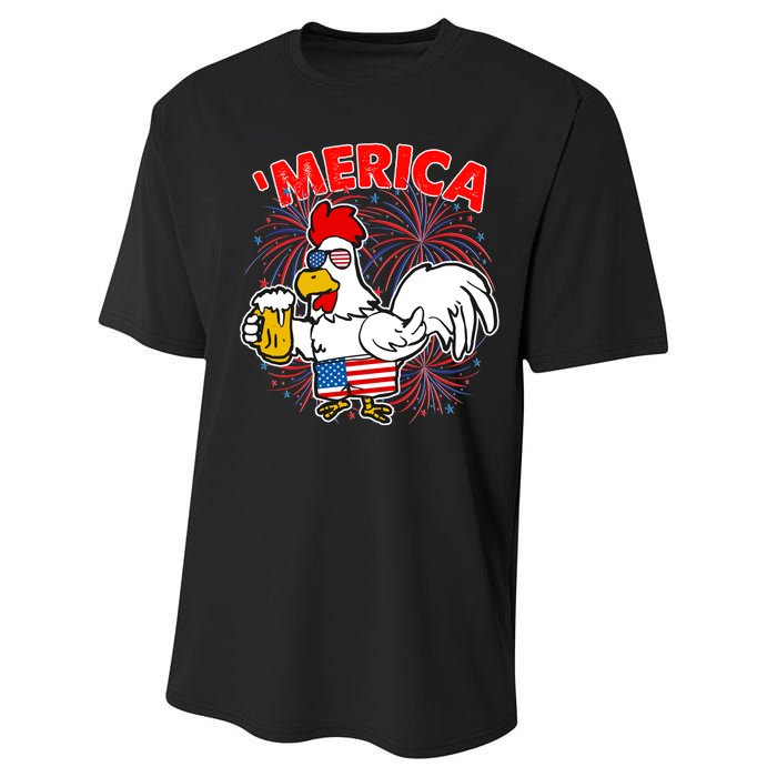 Funny Merica USA Rooster With Beer Performance Sprint T-Shirt