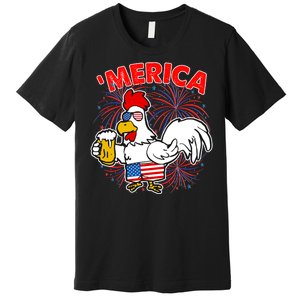 Funny Merica USA Rooster With Beer Premium T-Shirt