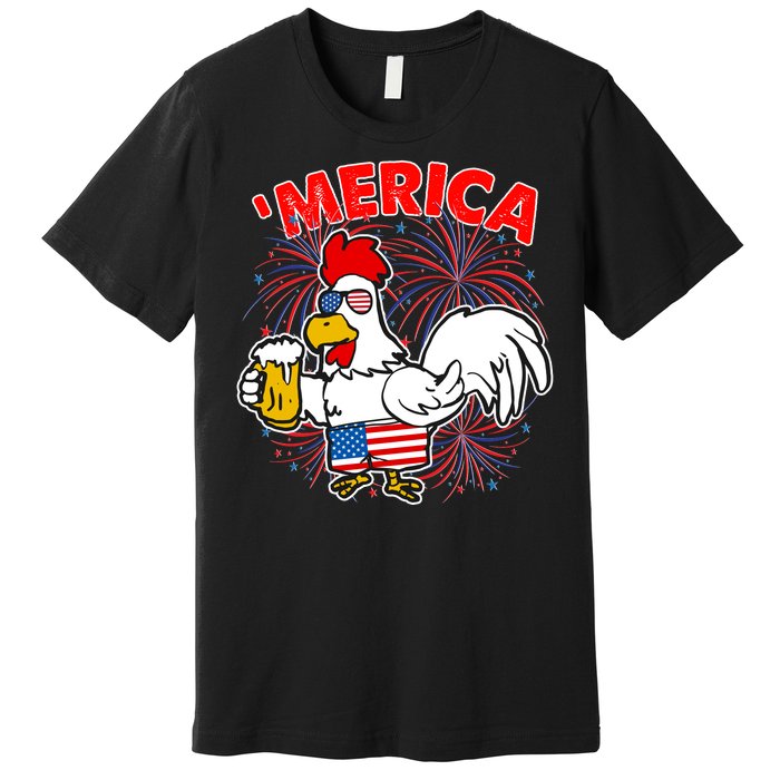 Funny Merica USA Rooster With Beer Premium T-Shirt