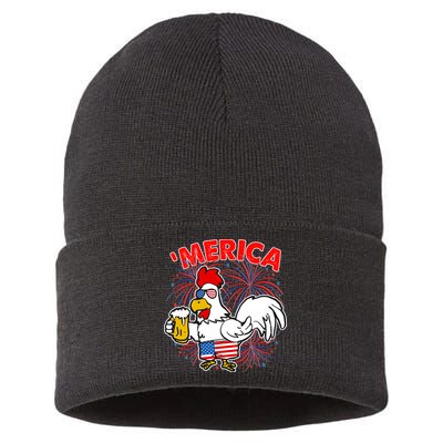 Funny Merica USA Rooster With Beer Sustainable Knit Beanie