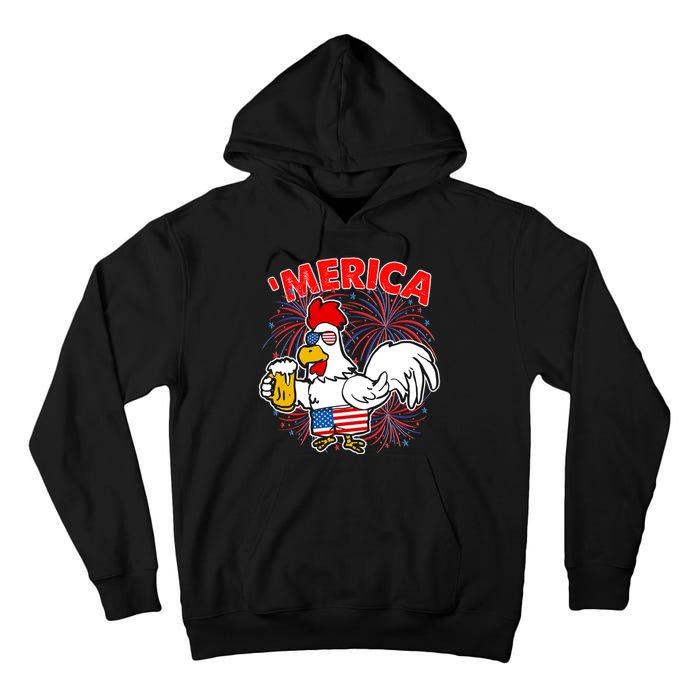 Funny Merica USA Rooster With Beer Tall Hoodie