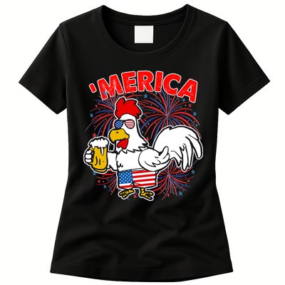 Funny Merica USA Rooster With Beer Womens T-Shirt