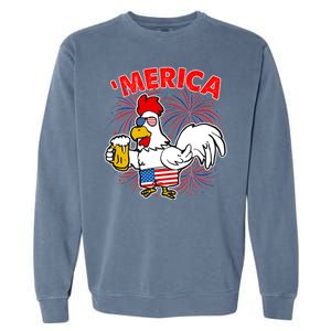 Funny Merica USA Rooster With Beer Garment-Dyed Sweatshirt