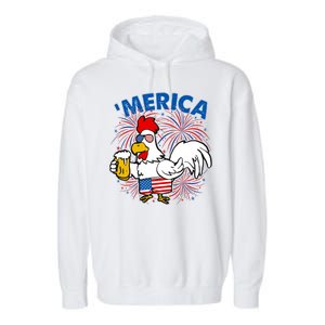 Funny Merica USA Rooster With Beer Garment-Dyed Fleece Hoodie