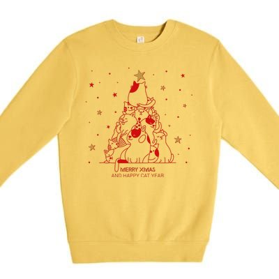 Funny Merry XMas and Happy Cat Year Christmas Tree Premium Crewneck Sweatshirt