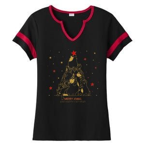 Funny Merry XMas and Happy Cat Year Christmas Tree Ladies Halftime Notch Neck Tee