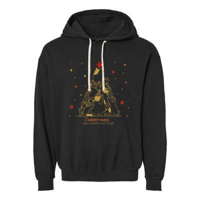Funny Merry XMas and Happy Cat Year Christmas Tree Garment-Dyed Fleece Hoodie
