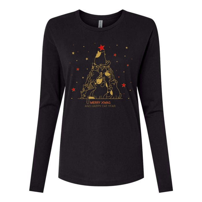 Funny Merry XMas and Happy Cat Year Christmas Tree Womens Cotton Relaxed Long Sleeve T-Shirt