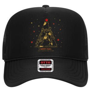 Funny Merry XMas and Happy Cat Year Christmas Tree High Crown Mesh Back Trucker Hat