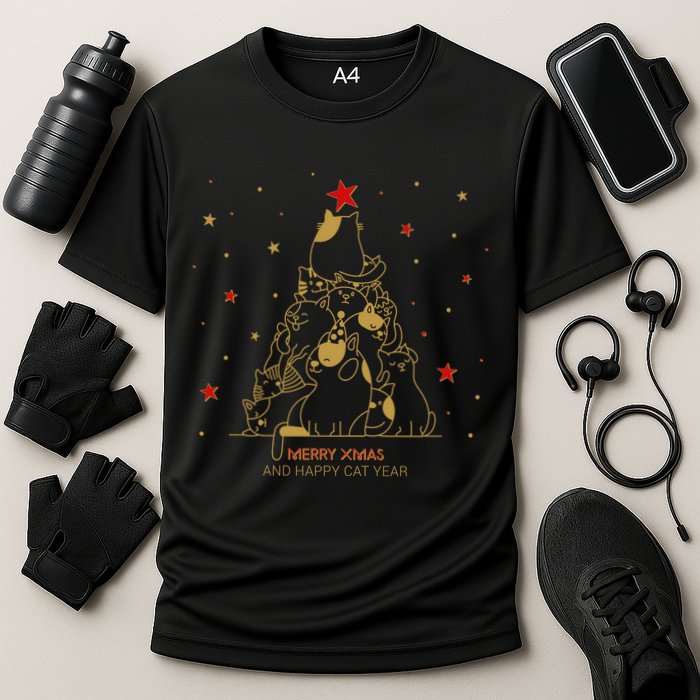 Funny Merry XMas and Happy Cat Year Christmas Tree Performance Shirt