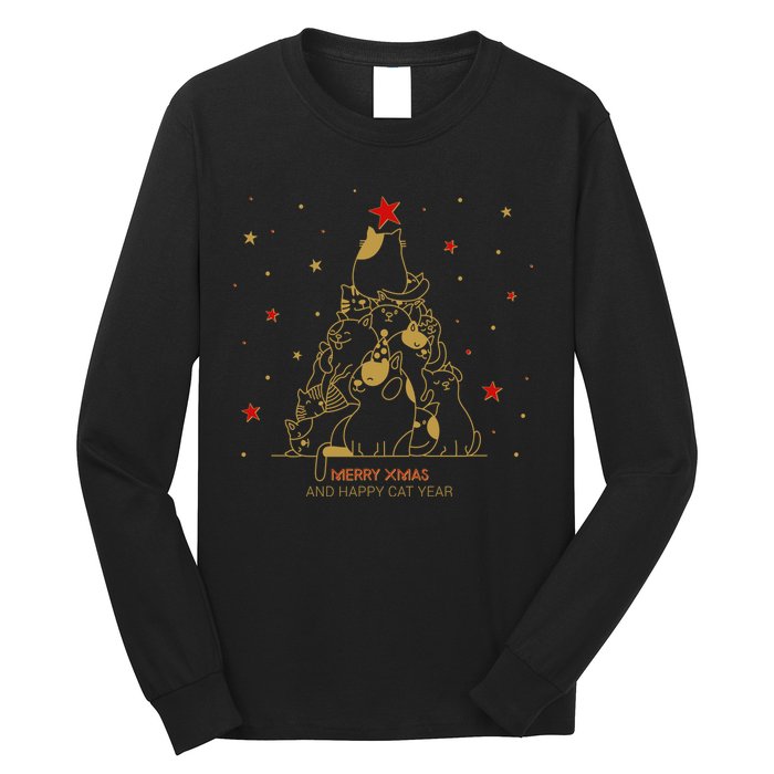 Funny Merry XMas and Happy Cat Year Christmas Tree Long Sleeve Shirt
