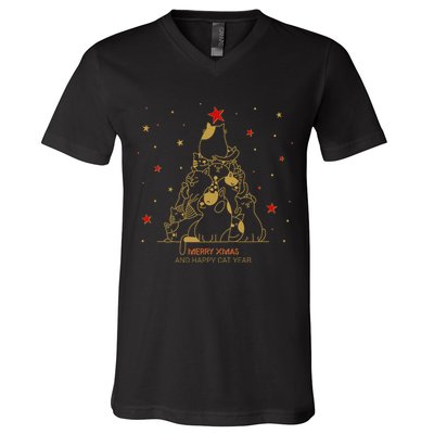 Funny Merry XMas and Happy Cat Year Christmas Tree V-Neck T-Shirt